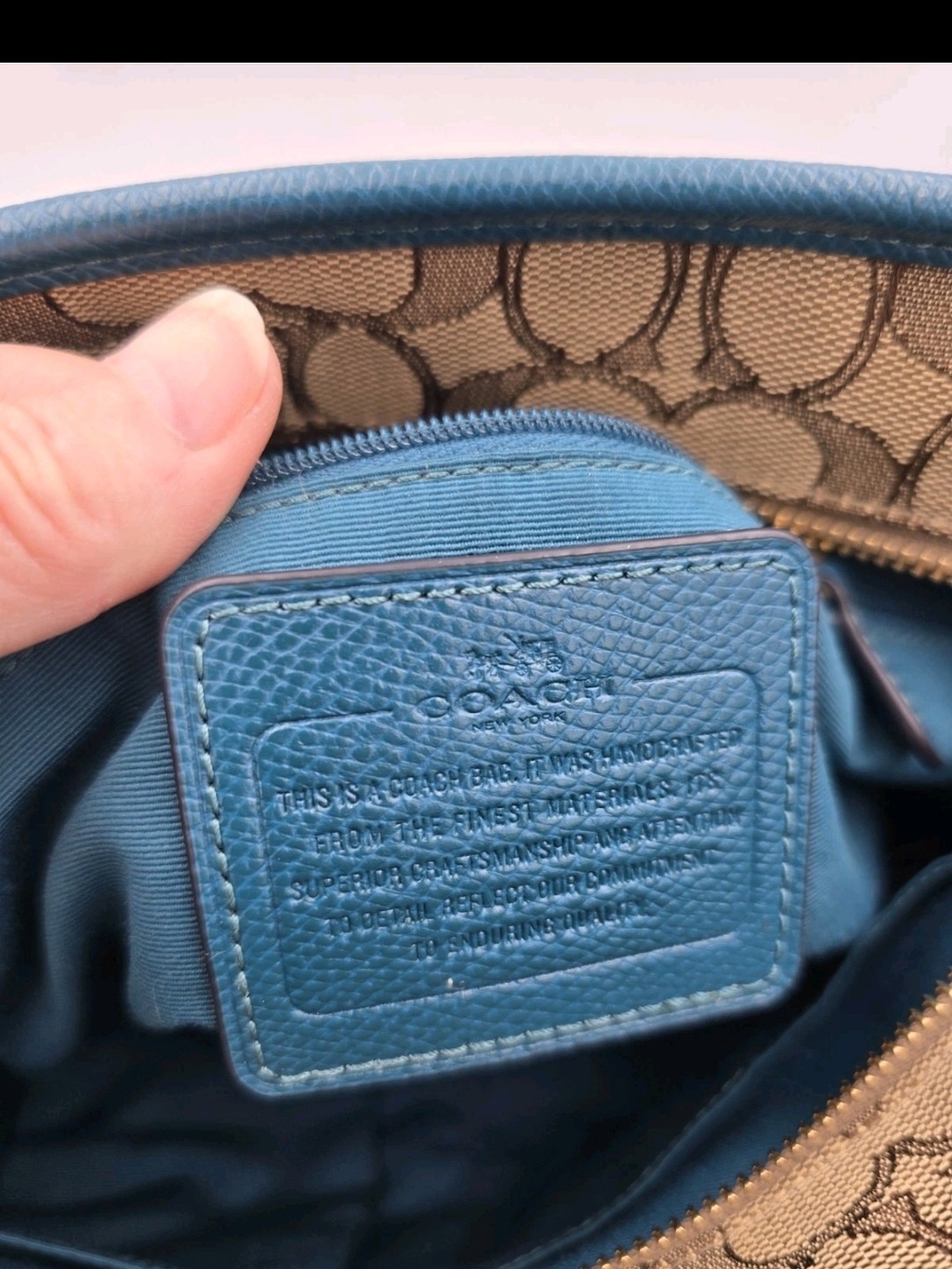 Coach Brown Signature Tote with Blue Trim - Picture 6 of 11